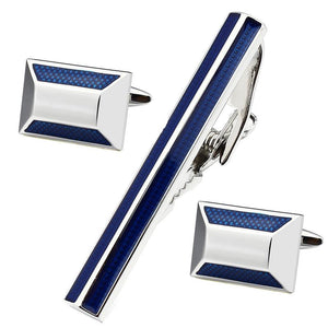 Smart Silver and Blue Enamel Cufflinks and Tie Bar Set
